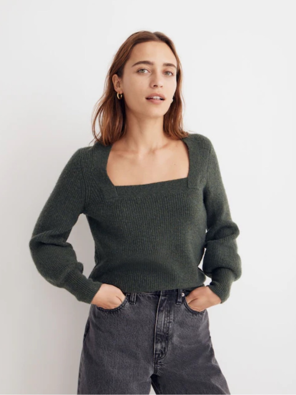 Madewell Melwood Square-Neck Pullover Sweater Heather Fatigue 
Size Large